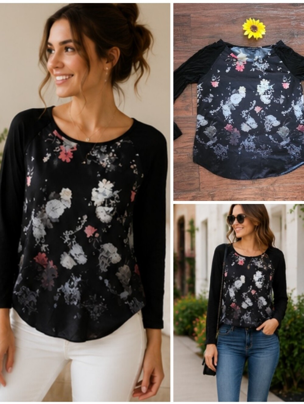 French Connection Long Sleeve Blouse Mixed Media Black Floral Size S